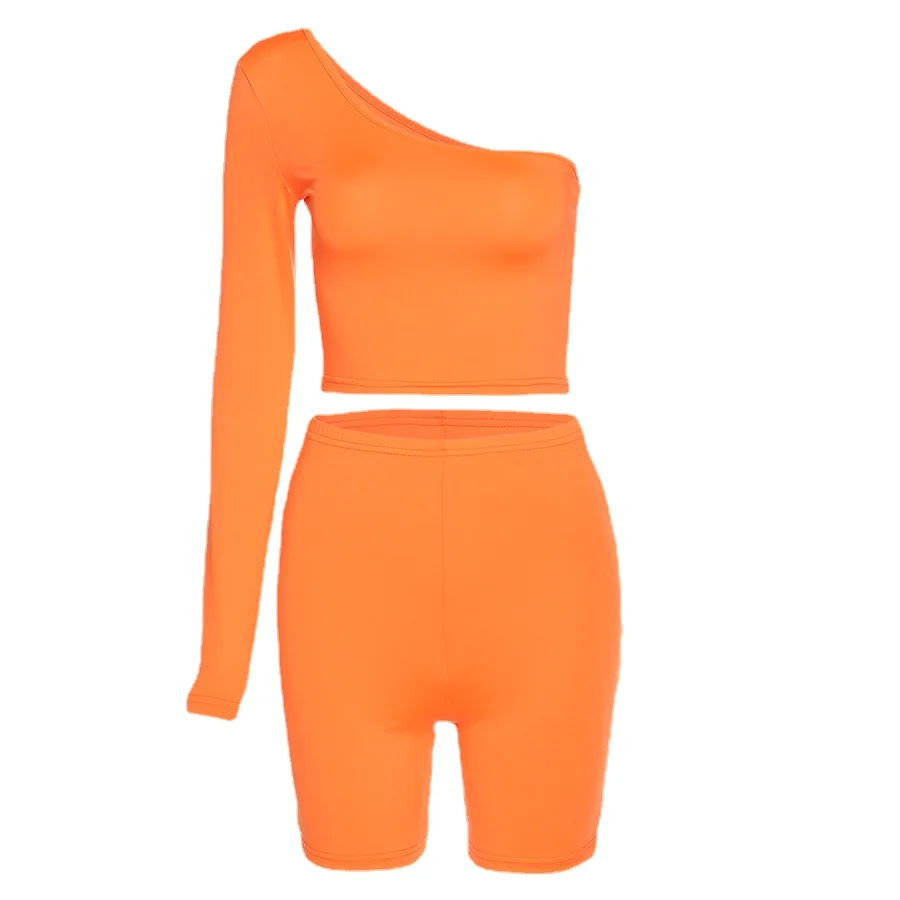 

Solid Asymmetrical Two Piece Sets Women Tracksuit Crop Tops+Elastic Bike Shorts Sporty Matching Suits Casual Female Outfit