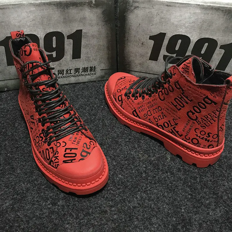 Harga Sepatu Bot Tentara Pria Sepatu Bot Pergelangan Kaki Kasual Sepatu Kulit Tinggi Sepatu Bot Militer Grafiti Hip Hop Merah Pria Sepatu Sneakers NA-32