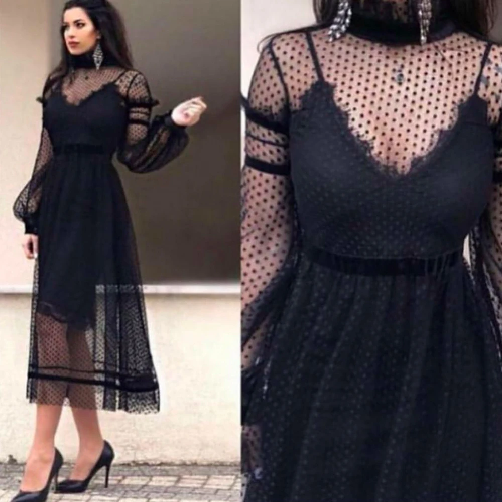 

long sleeve prom dresses 2020 high neck lace a line tea length black evening dresses lace formal dresses tulle party dress