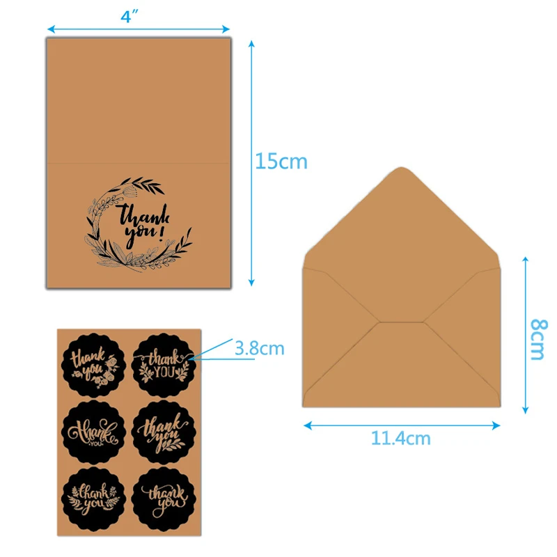 

8 Sets Kraft Paper Thank You Greeting Cards Party Holiday Blessing Stickers Creative Half-fold Greeting Cards