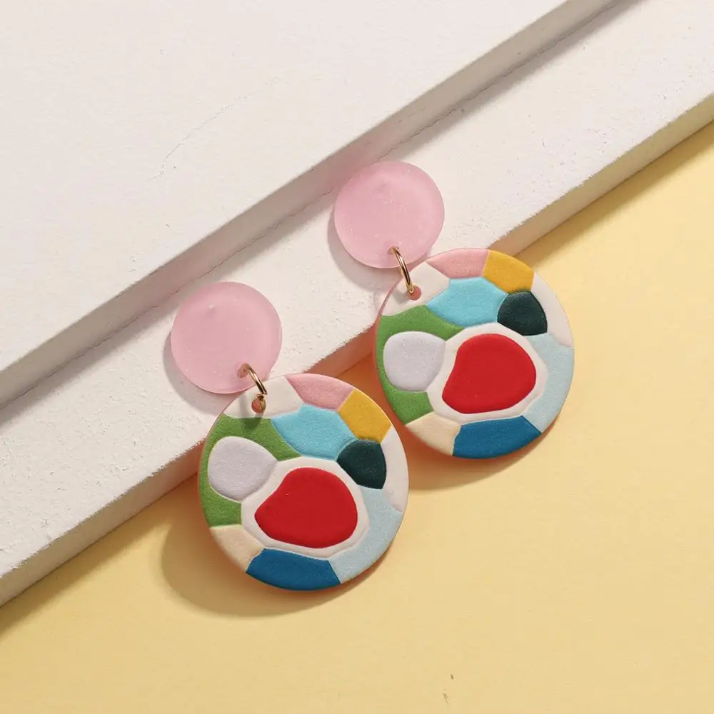 

AENSOA Multicolor Graffiti Floral Pattern Simulated Polymer Clay Drop Earring Women Geometry Pink Green Hit Color Acrylic Earing