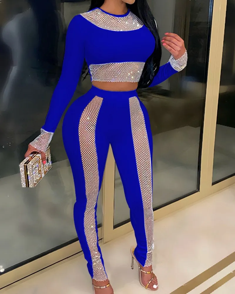 

2021 Two Piece Sets Women New Fashion Women's Round Neck Long Sleeve Crop Top With Pencil Pants For Slim Fit Creative Patchwork