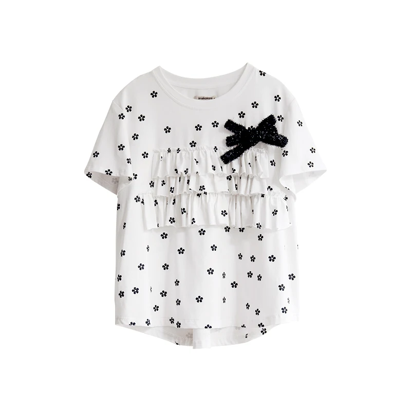 

Imakokoni original design white print short-sleeved T-shirt Japanese simple bow female T-shirt 202889