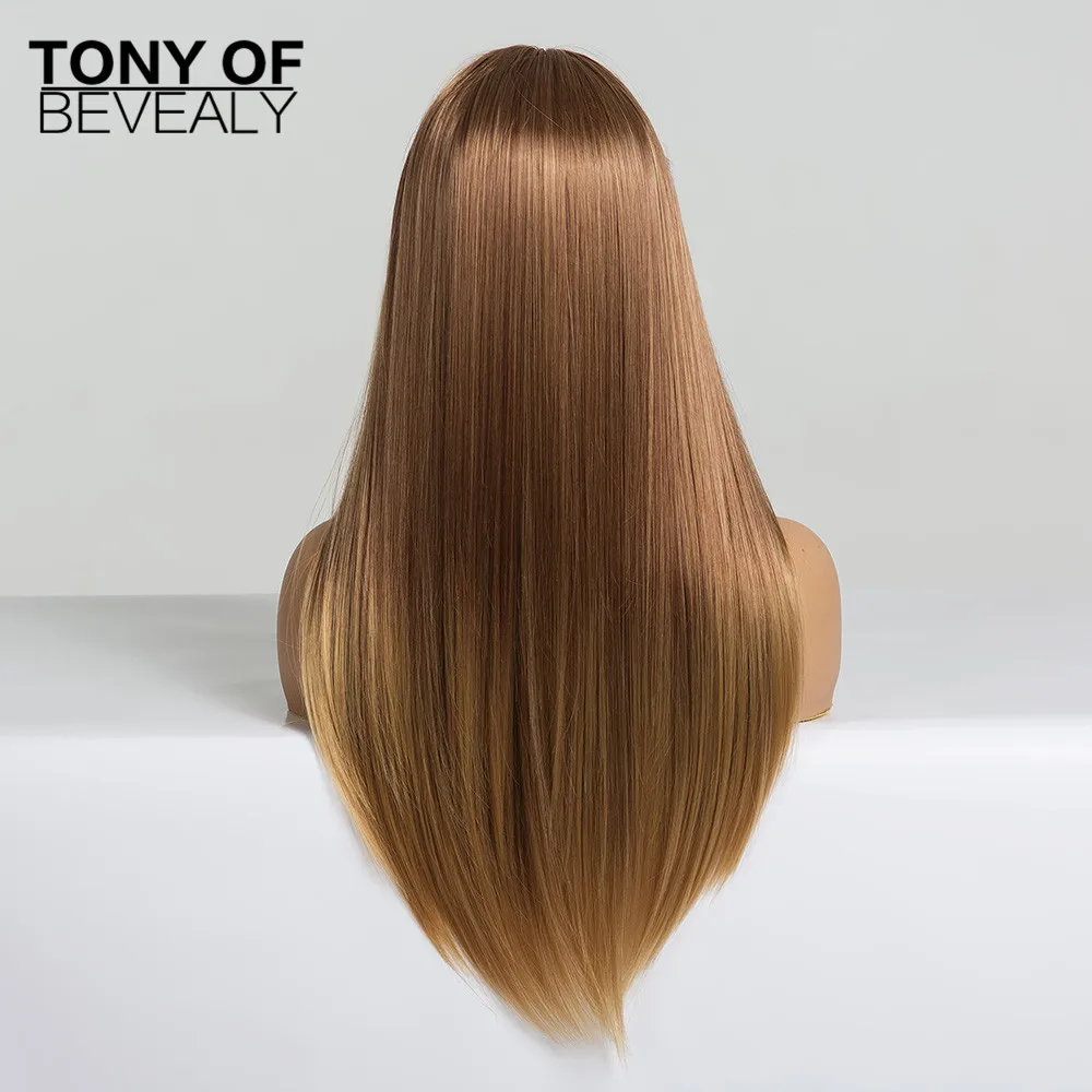 Парики с длинными прямыми волосами от коричневого до светлого омбре челкой