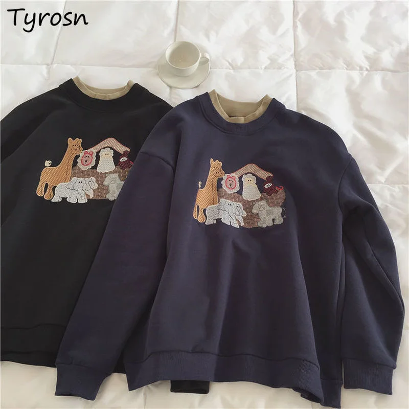

Embroidery No Hat Hoodies Women Cartoon Kawaii Japanese Style Spring All-match Loose Temperament Teenager Chic Couples Thicker