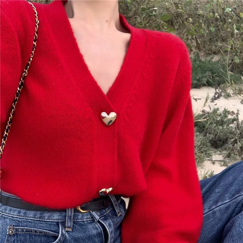 

Female Fall Loose New Korean Preppy Solid Knit Heart Sexy V Neck Cardigans 2021 Spring Women Sweet Cute Red Long Sleeve Sweater