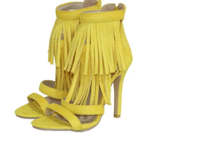 Пикантные женские сандалии гладиаторы из замши и кожи с бахромой открытым носком