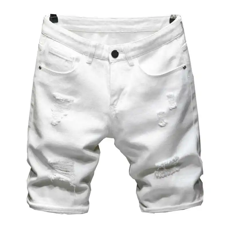 

Pantalones cortos vaqueros rasgados para hombre, Shorts de estilo clsico R52 en blanco y negro, informales, ajustados, de marca