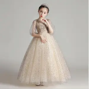 Кружевные торжественные платья с блестками для девочек на свадьбу вечерние платья с коротким рукавом и цветочным узором для девочек детское платье для первого причастия