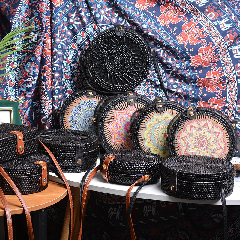 

Bohemia rattan ins hand rattan black 20 * 8pu women's leather buckle bag