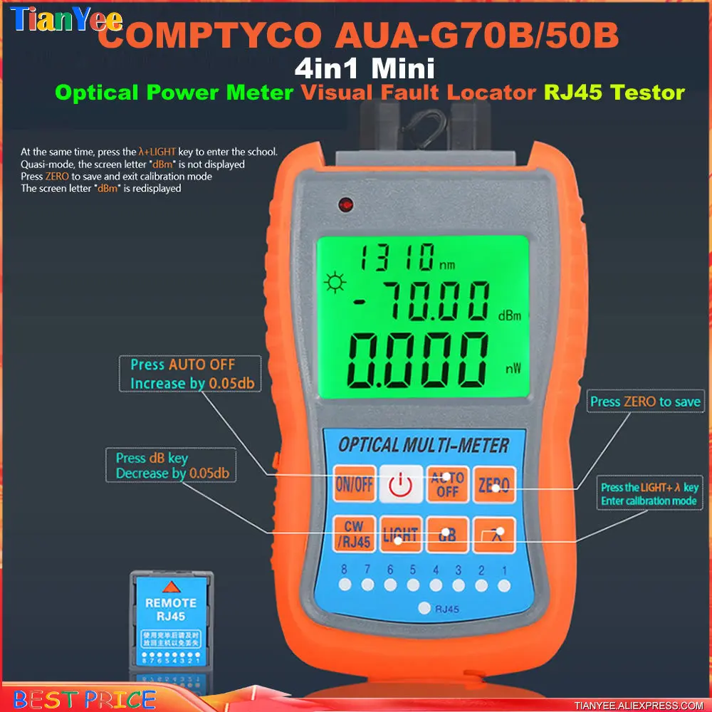 COMPTYCO AUA-G70B G50B 4 в 1 Мини оптический измеритель мощности Визуальный дефектоскоп сетевой кабель тестер оптоволокна 10 км 30 км mw VFL