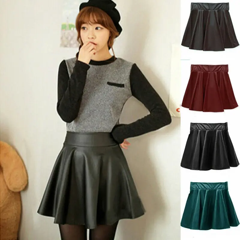 

Women Skirts Ladies High Waist Faux Leather Pleated Flared Skater Party Club Mini Skirt