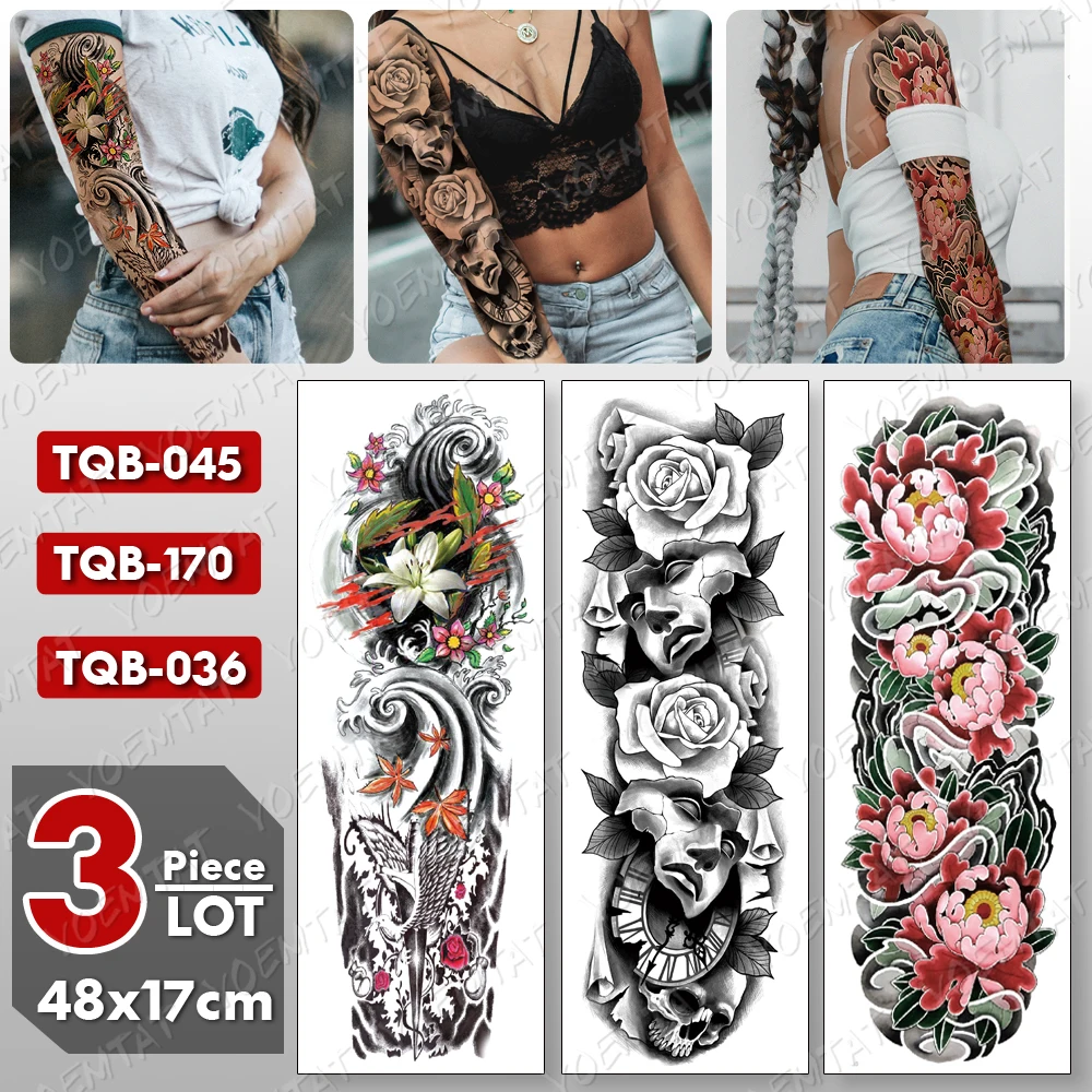 

3 pcs/lot Large Arm Sleeve Tattoo Mask Lotus Waterproof Temporary Tatto Sticker Peony Rose Body Art Full Fake Tatoo Women Men