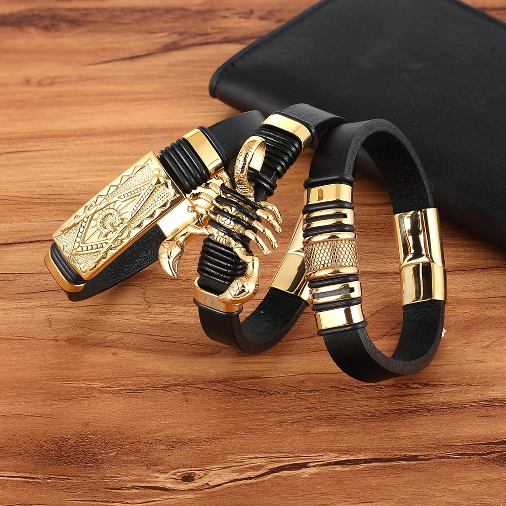 

Genuine Leather Bracelet Gold Color Easy Hook Totem/Geometric/Scorpion Pattern Luxury Jewelry For Birthday Blessing Gift