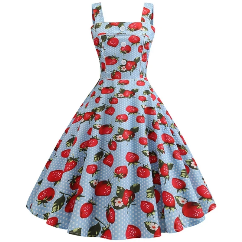 

Cherry Print Strapless Vintage Dresses Summer Sleeveless Hepburn Style 50s 60s Rockabilly Party Dress Swing Pinup 2020 Vestidos