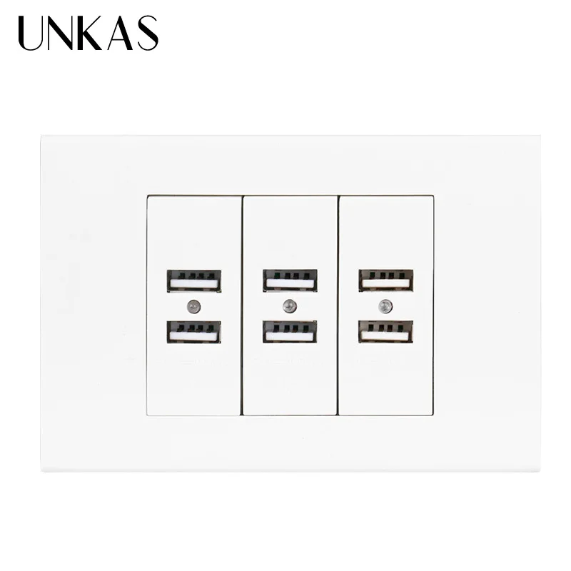 UNKAS US / AU Стандартный настенная розетка USB 6 USB Зарядное устройство Порты и разъёмы для мобильных устройств с индикатором 118 мм * 80 мм белый Пластик Панель