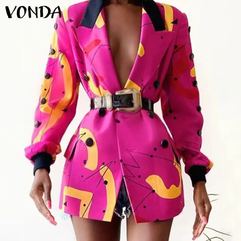 

Casual Coats 2022 VONDA Loose Vintage Printed Jackets Outerwear Veste Ladies Long Sleeve OL Office Formal Overcoats Oversized