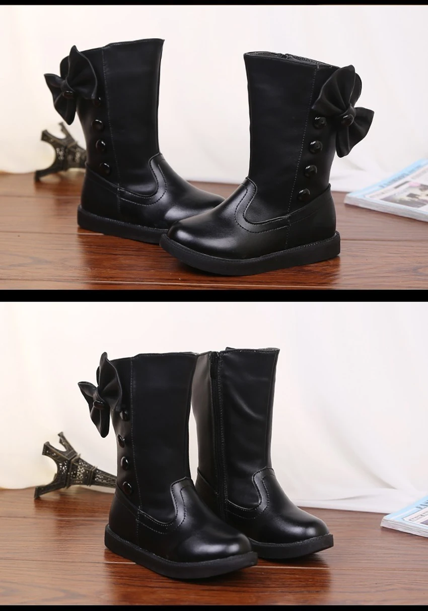 Girls Fashion Boots Autumn Winter Platforms PU Leather Mid-calf Princess Boots Butterfly-knot Ornament Toddler Kids Shoes
