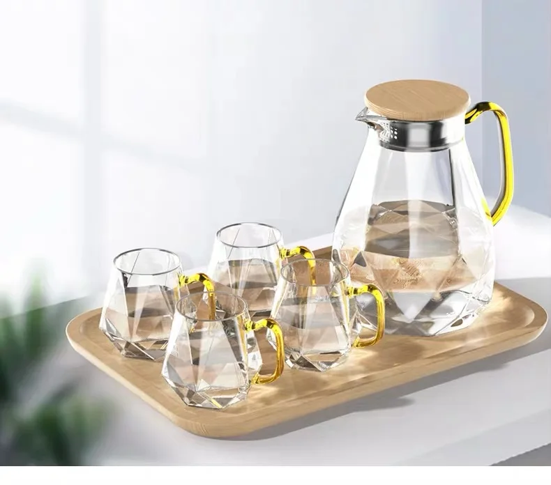 

Glass Tea Set With Wood Tray Cold Water Pitcher Diamond Design 320ml Cups 1.8/2.2L Open Fire Teapot Household Heat Resistant Set