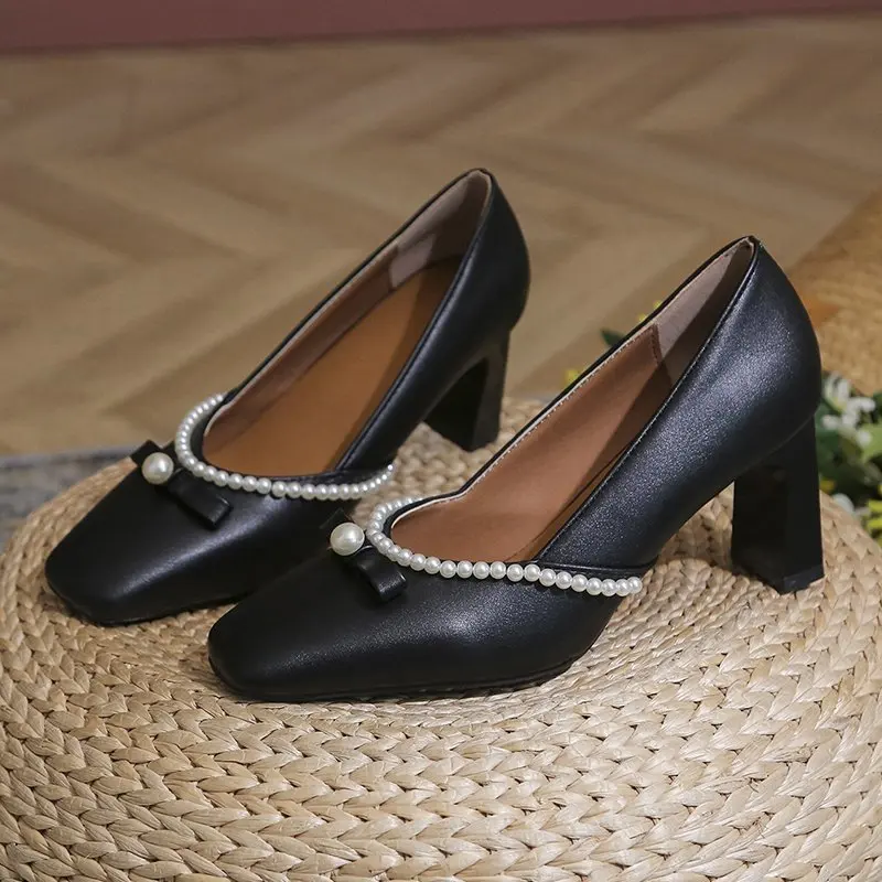 

Retro Square Toe Mary Janes Pumps Shoes Women Med Heel Office Shoes Summer Spring Leather Heels Shoes