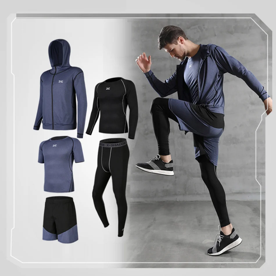 5Pcs / Set Men's Tracksuit Workout Gym Fitness Compression Sports Suit Clothes Running Jogging Track and Field Training Suit