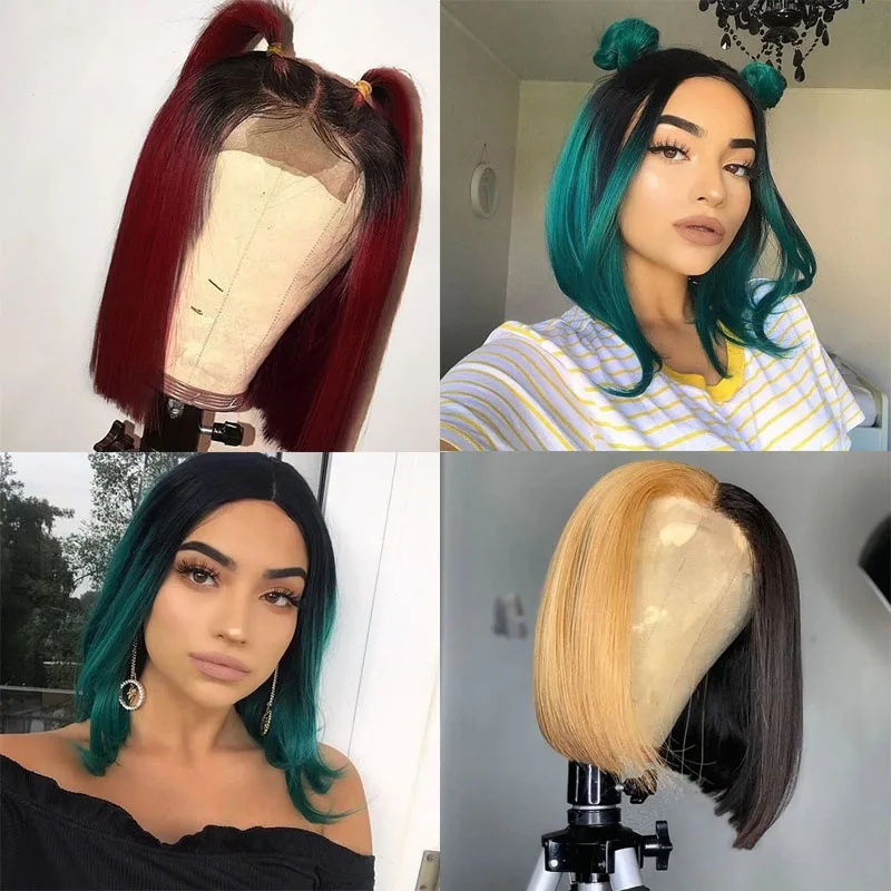

Blonde 99J Green Ombre Highlight Colored Human Hair Wig 13X6 Red Burgundy Short Straight Bob Lace Front Remy Wig For Black Women
