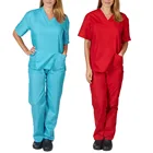 Униформа медсестры для мужчин и женщин, однотонный костюм с коротким рукавом и V-образным вырезом для медсестер, костюм для здравоохранения
