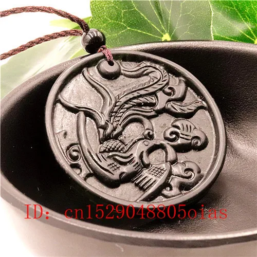 Натуральный китайский черный зеленый нефрит Феникс кулон ожерелье обсидиан