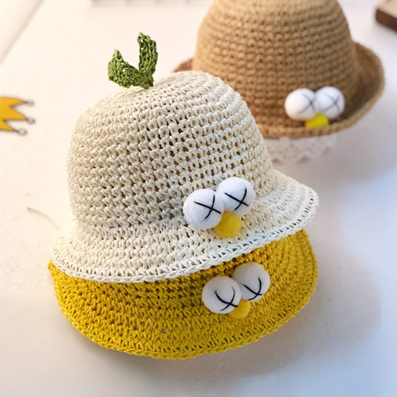 

Kids Bucket Straw Hat Baby Summer Beach Cartoon Duck Sun Hat Breathable Kawaii Handmade Sunscreen Fisherman Cap with flat brim