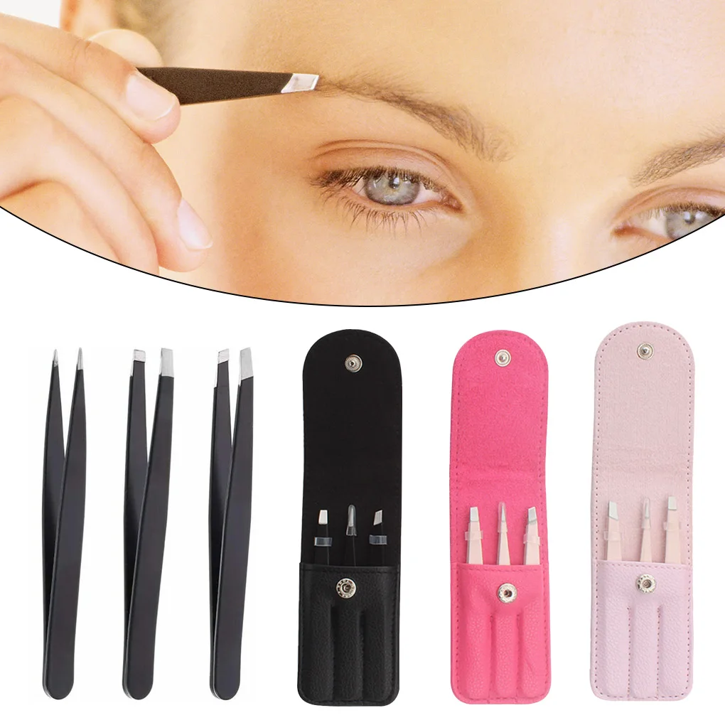 

3 Pcs/set Grooming Tweezer Eyelashes Eyebrow Stainless Steel Tweezers Set with Storage Bag Makeup Tools