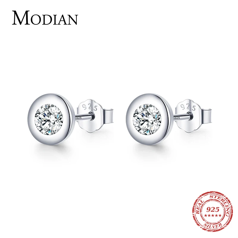 

Modian Exquisite Simple Round Clear CZ Ear Studs 100% 925 Sterling Silver Sparkling Stud Earrings For Women Wedding Fine Jewelry