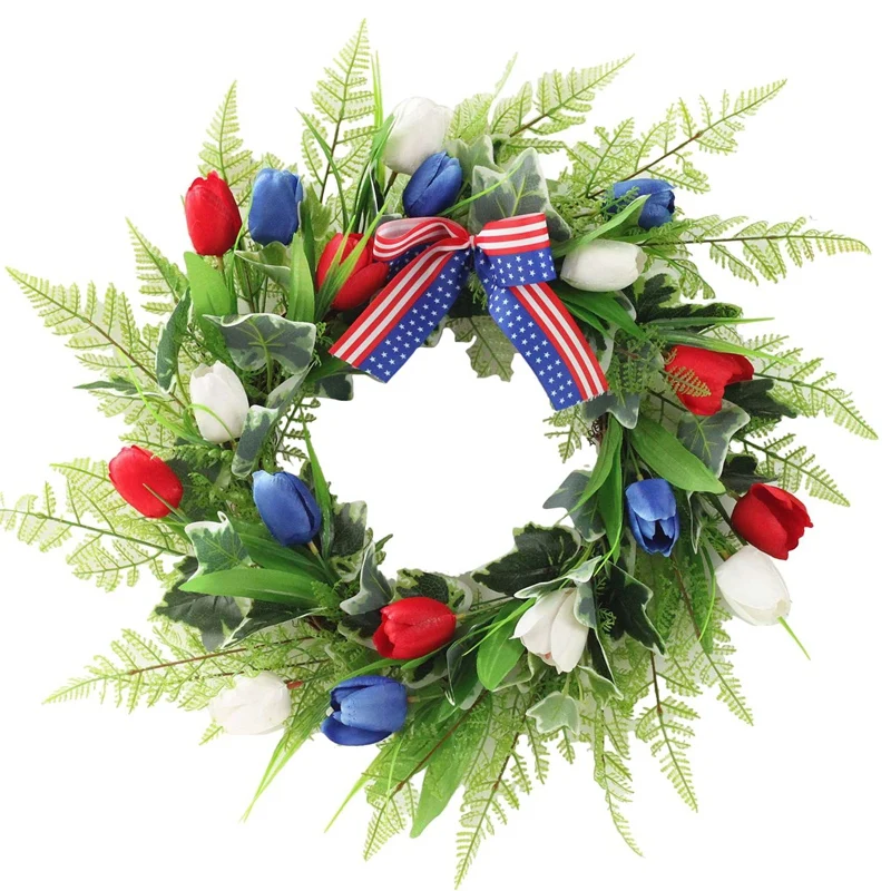 

Artificial Tulip Wreath United States Independence Day Patriotic Wreath for Front Door Wall Window Wedding Party Decor