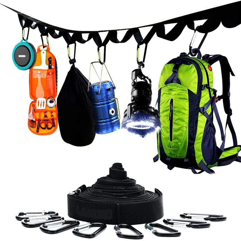 

1Pcs Multifunctional Camping Hanging Rope Black Rope Hang Lamp Hang Outdoors Clothes Line Weave Bring with 19 Loops