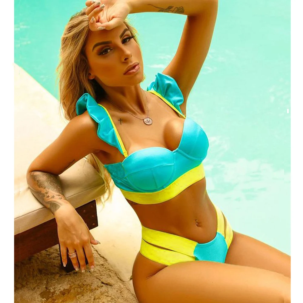 

Sexy High Waist Bikini Women Swimsuit 2020 New Arrival Swimwear Hollow Out Print Striped Bathing Suit Beachwear Biquini Female