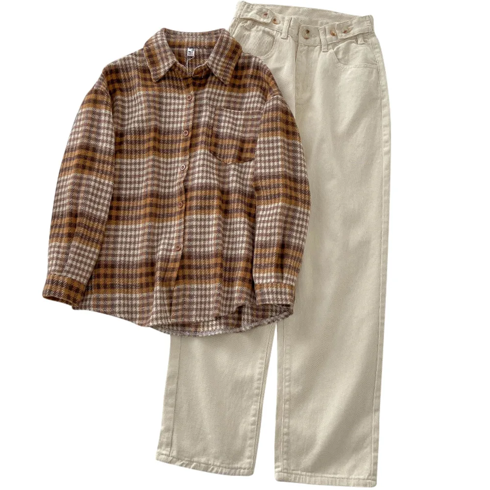 

Весенний уличный костюм, зима 2021, клетчатая рубашка с отложным воротником и прямые джинсы, Женский костюм из двух предметов в Корейском стил...