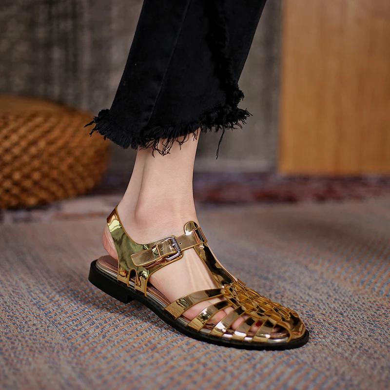 Черного и золотого цвета женская обувь из натуральной кожи с Т-образным ремешком