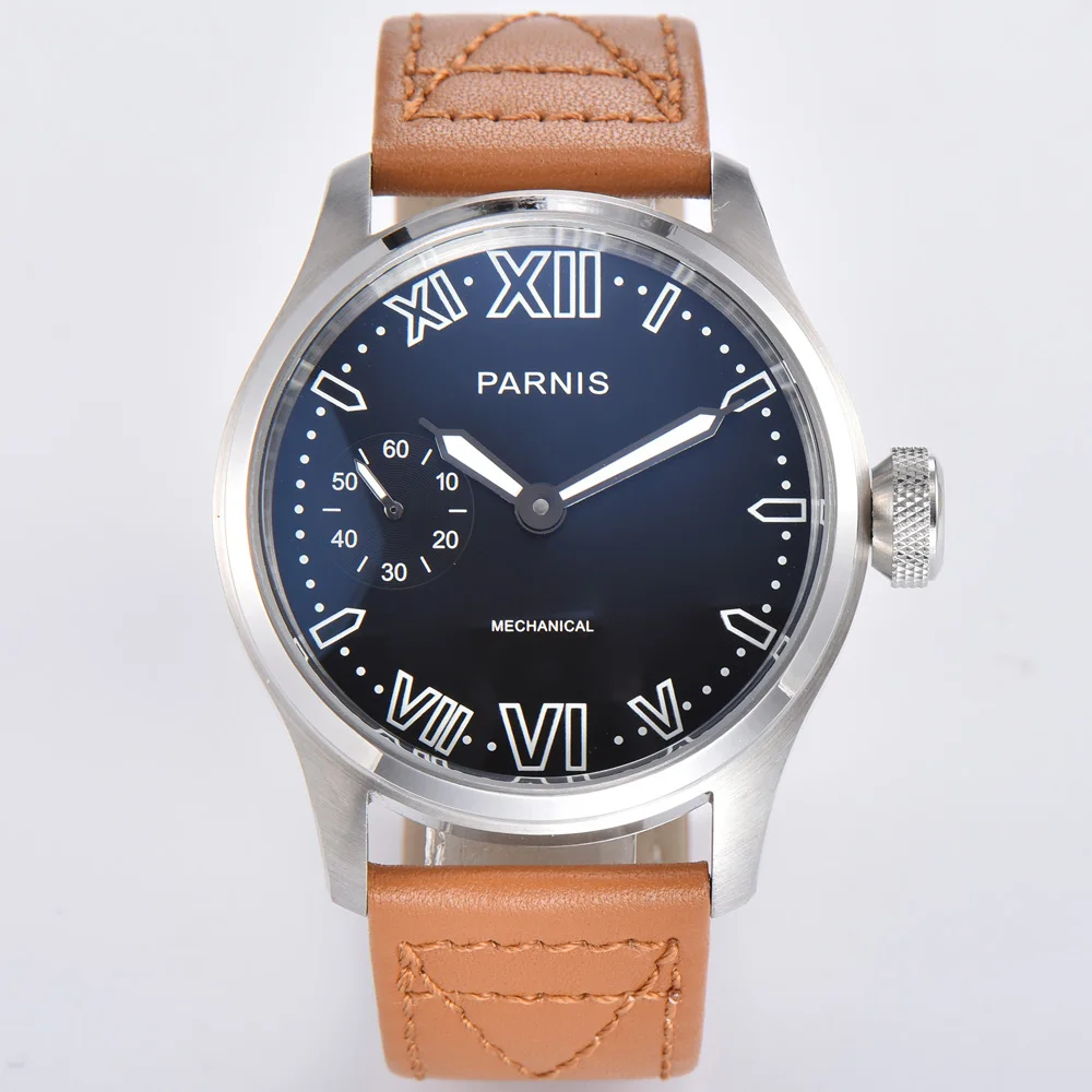 

2020 new PARNIS 46mm casual black dial 6497 movement manual winding mechanical men's watch brown leather strap free box
