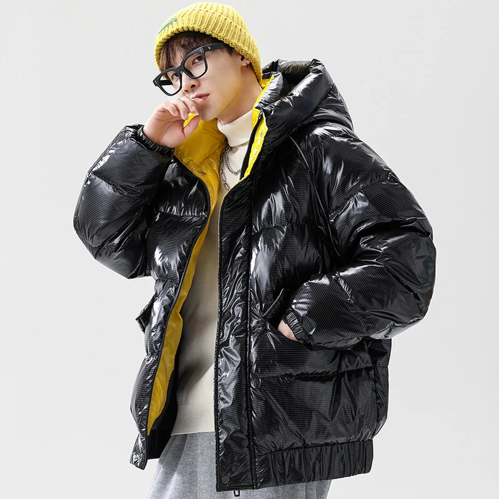Covrlge Men Brand Winter Hooded Thick Warm Duck Down Jacket Solid Color Trend Loose Shiny Warm Coat Couples Streetwear MWY041