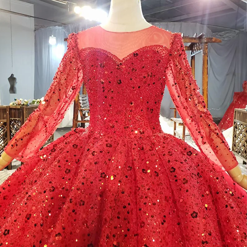 HTL1833 Sequined Applique Red Custom Evening Dress 2020 Sweetheart Three Quarters Sleeve Crystal Beading