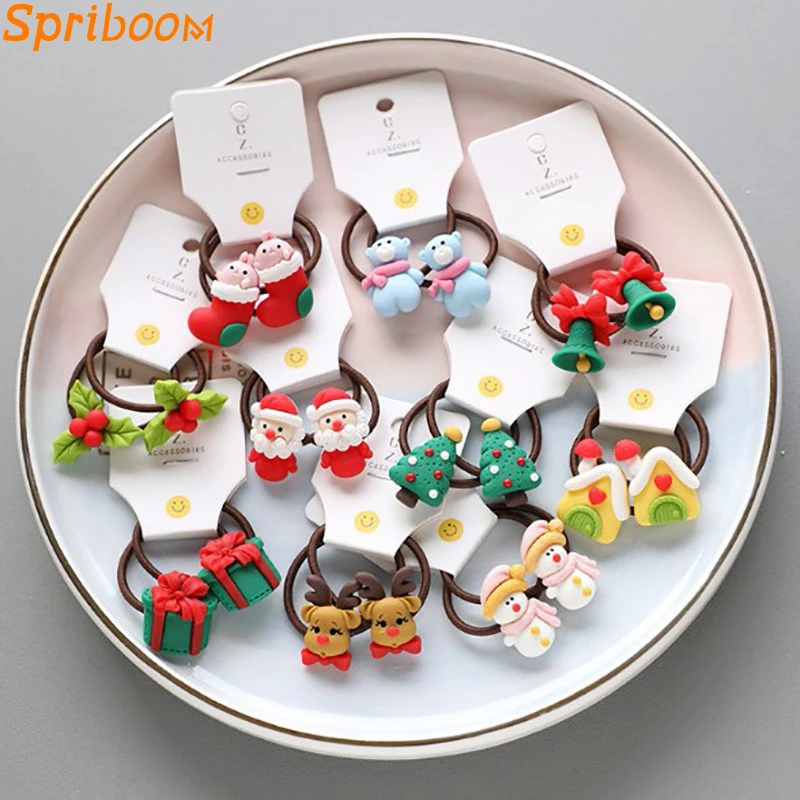 

2Pcs Christmas Cartoon Elastic Hair Bands for Children Cute Penguin Deer Xmas Tree Santa Claus Rubber Hairbands Hair Accessories