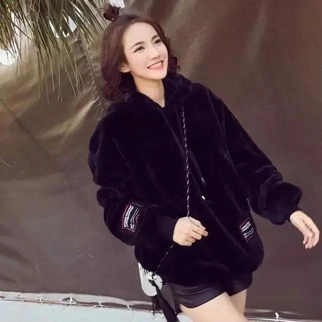 Autumn Winter Coat Women Faux Mink Fur Pullover Loose Casual Warm Hoodies Ladies Fleece Flannel Pullover Female Sweatshirt Pink