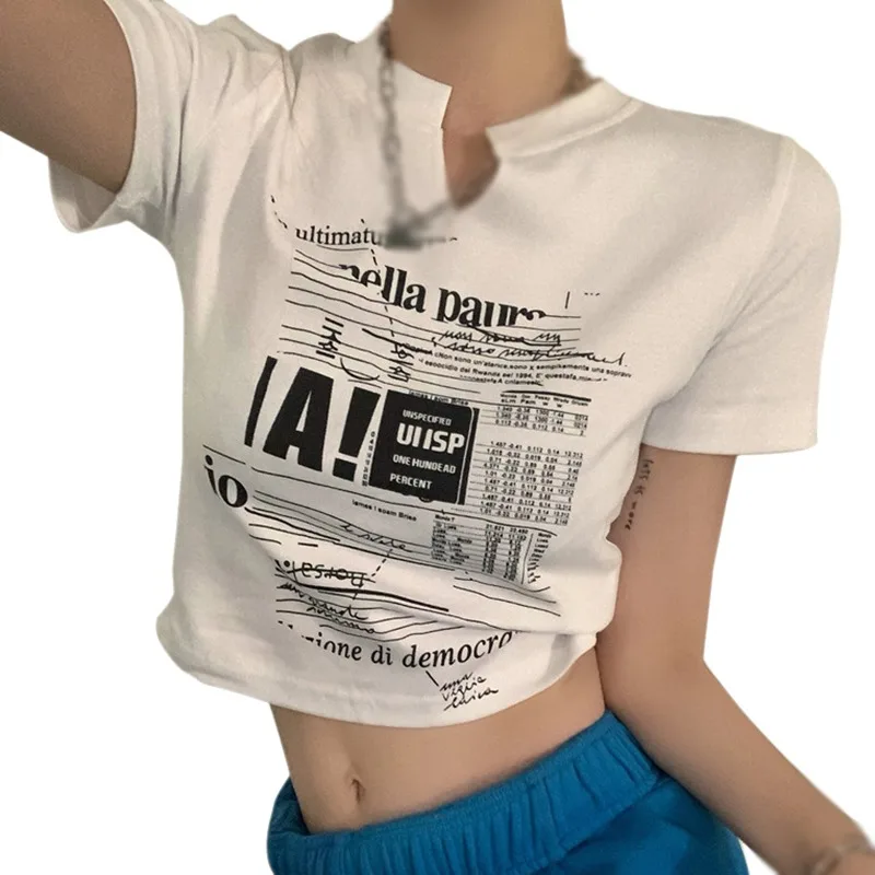 

Summer Short Sleeve Exposed Navel Slim T Shirt Women V Neck Letter Print T-Shirts Korean Style Comfortable Tops