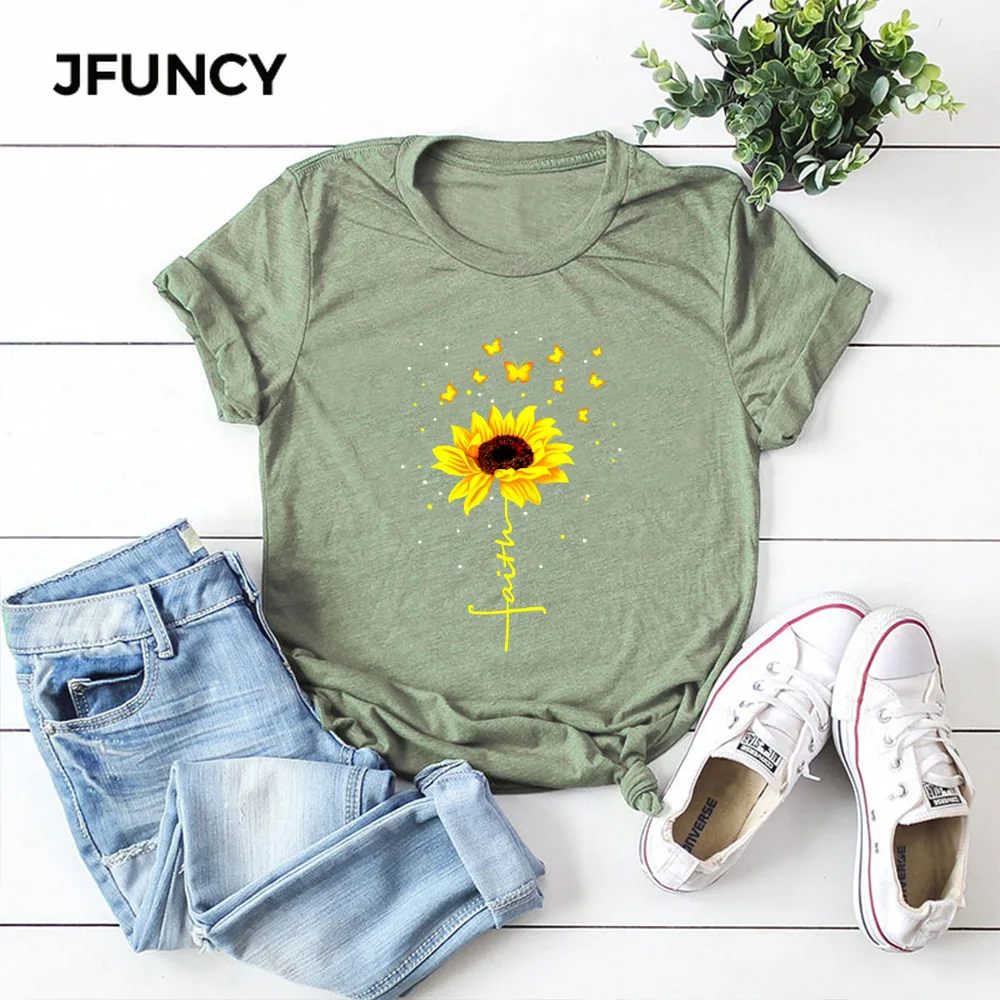 JFUNCY  Summer Women Tshirt Creative Butterfly Sunflower Print Tee Top Cotton Short Sleeve Woman T-shirt Camiseta Mujer