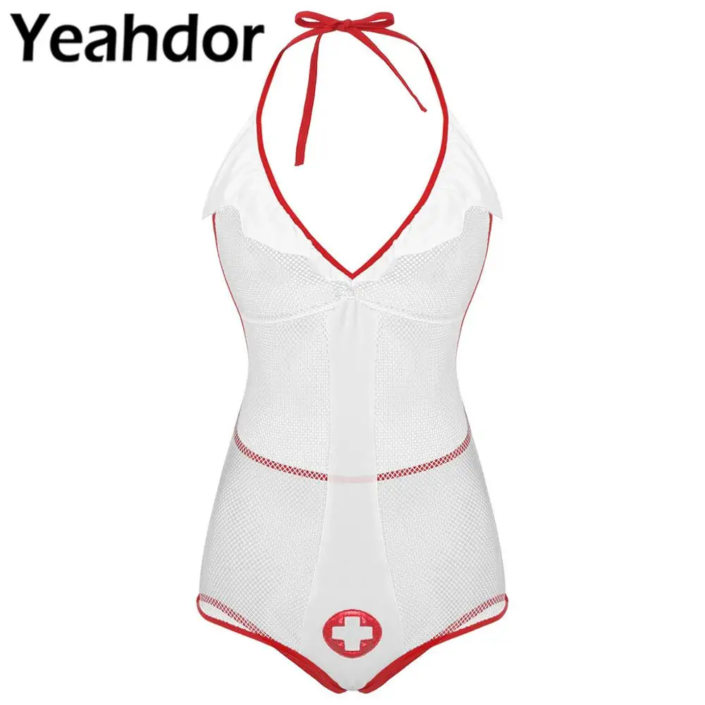 

Женский костюм для косплея медсестры, Комплект эротического нижнего белья с лямкой на шее и открытой спиной, 2 шт.