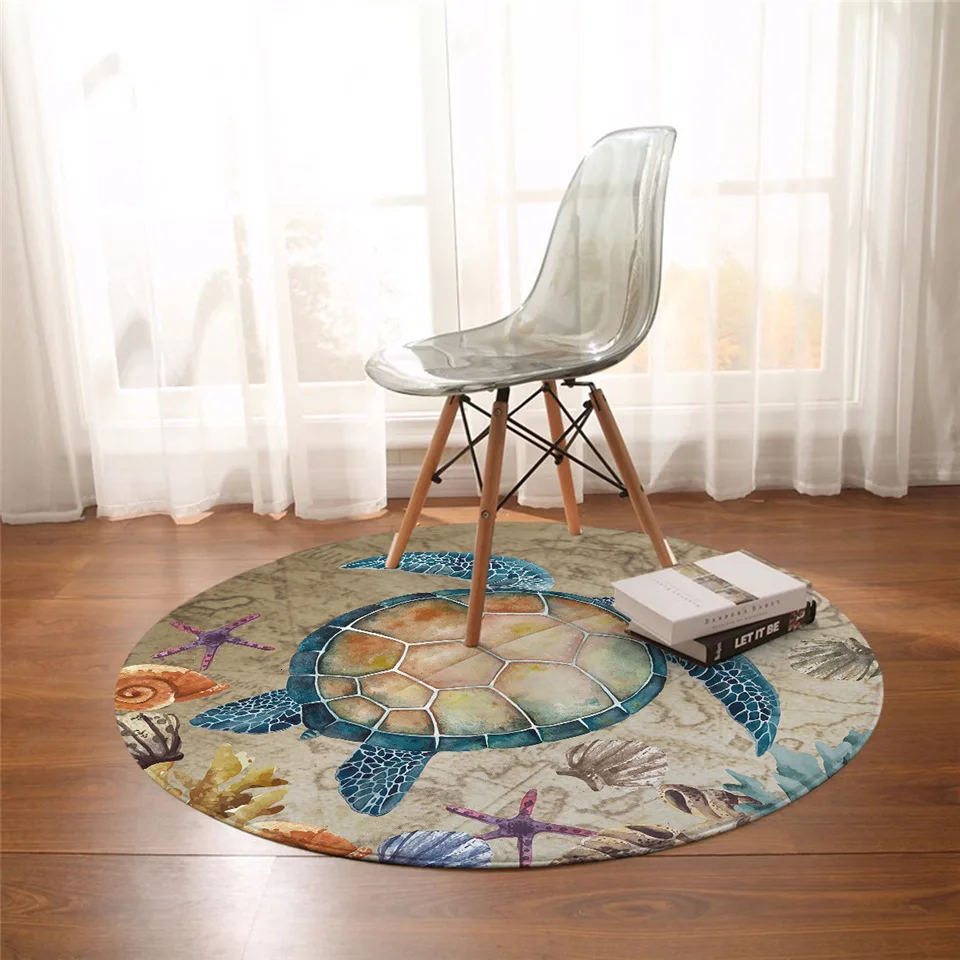 BeddingOutlet Sea Turtle Round Carpet Map Tortoise Floor Mat Non-slip Starfish Shells Nautical Area Rugs Marine Animal tapetes