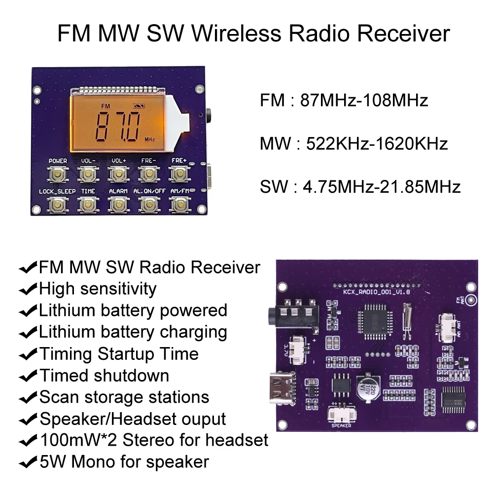 Full-band MW FM SW Radio Receiver Module Digital Clock LED Display 87-108MHz Frequency Modulation Station Auto Storage