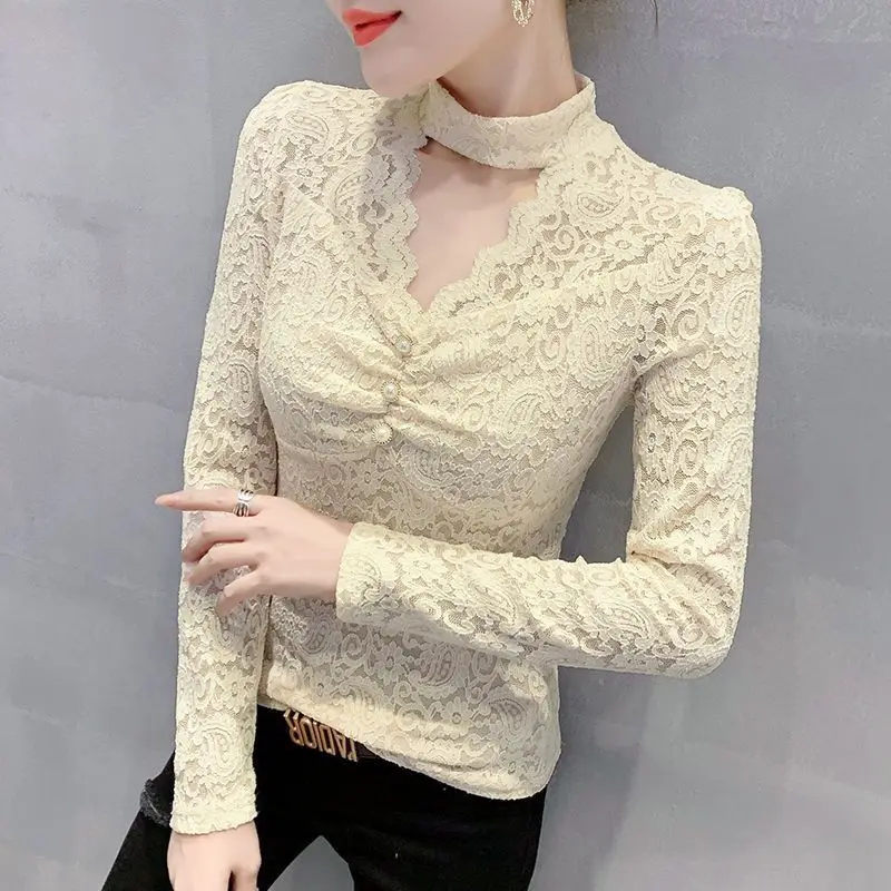 Женская блузка яркая рубашка осенне-зимняя Сексуальная кружевная ажурная со