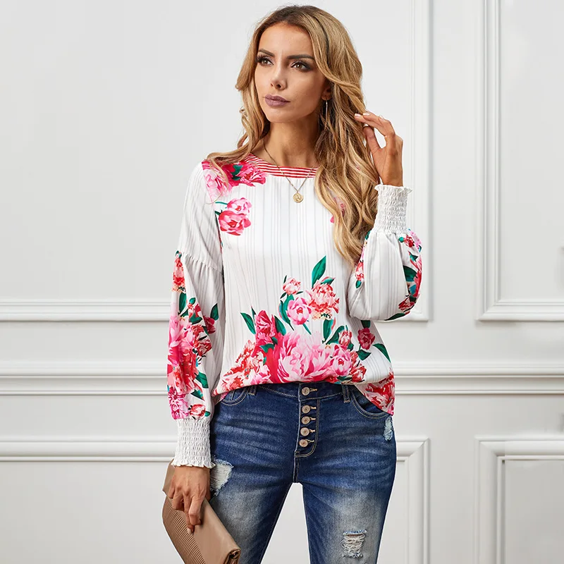 

Spring New Shirt Women Drop Shoulders Long-Sleeved Cuffs Elastic Loose Fashion Floral Pattern Printing o-Neck Elegant Lady Tops