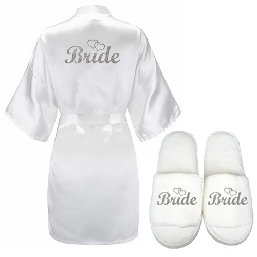 robe slipper silver Sisbigdey/комплект из 3 предметов; блестящий золотой атласный короткий халат для невесты; тапочки для невесты; пеньюар для невесты с поясом; женские вечерние кимоно; коллекция года - Цвет: robe slipper silver