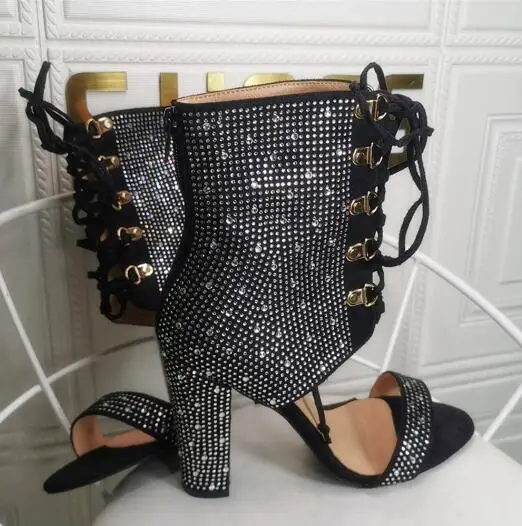 Murah Linamong BLING BLING Hitam Sliver Diamond Kristal Cross Renda Sandal Sepatu Wanita Fashion Membuka Kaki Chunky Heels Sepatu Bot Pendek